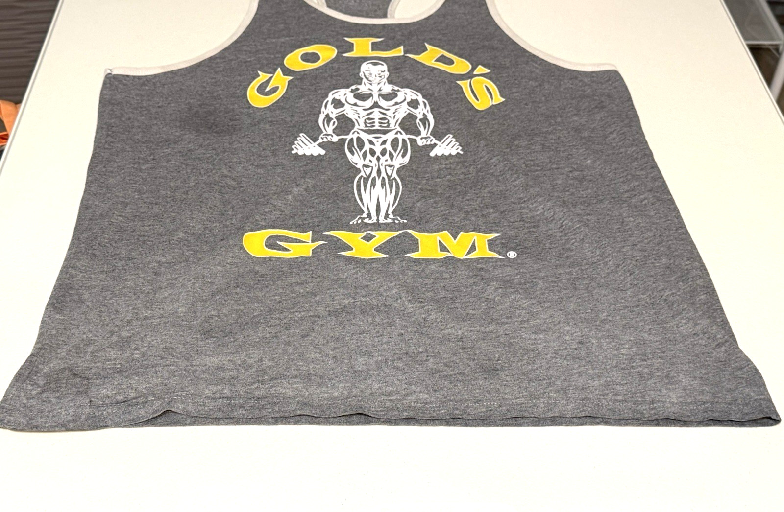 Vintage Gold’s Gym EXTRA LARGE GRAY YELLOW Racerback Muscle Tank Top *PRE LOVED*