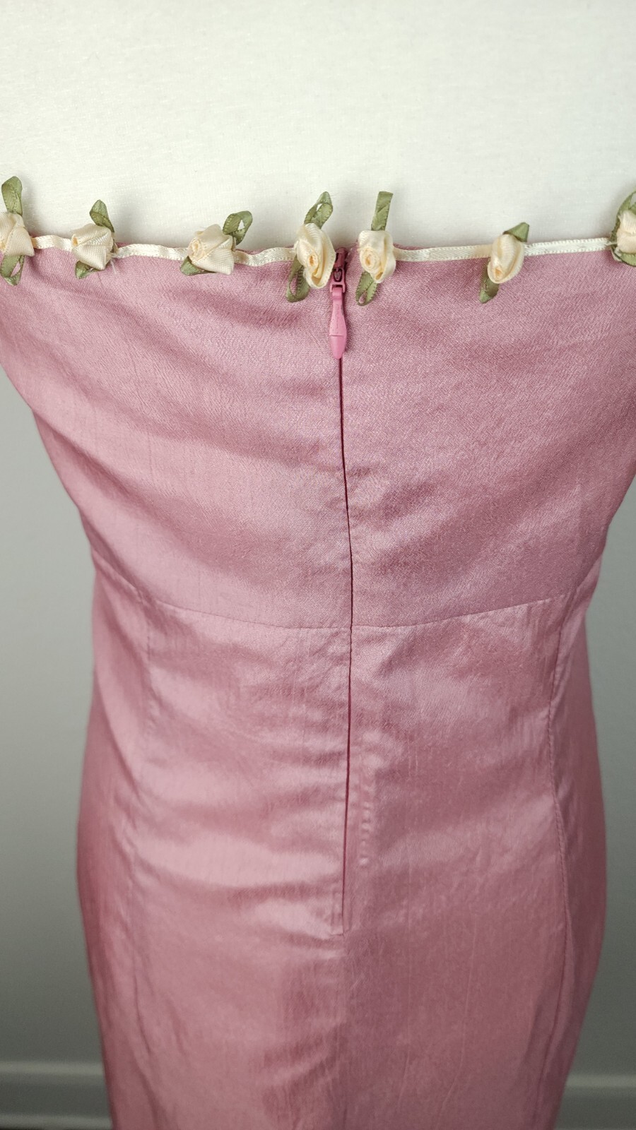 Vintage 90s Pink Silk Satin Rosebud Dress Strapless Ivory Ribbons Homemade ~M