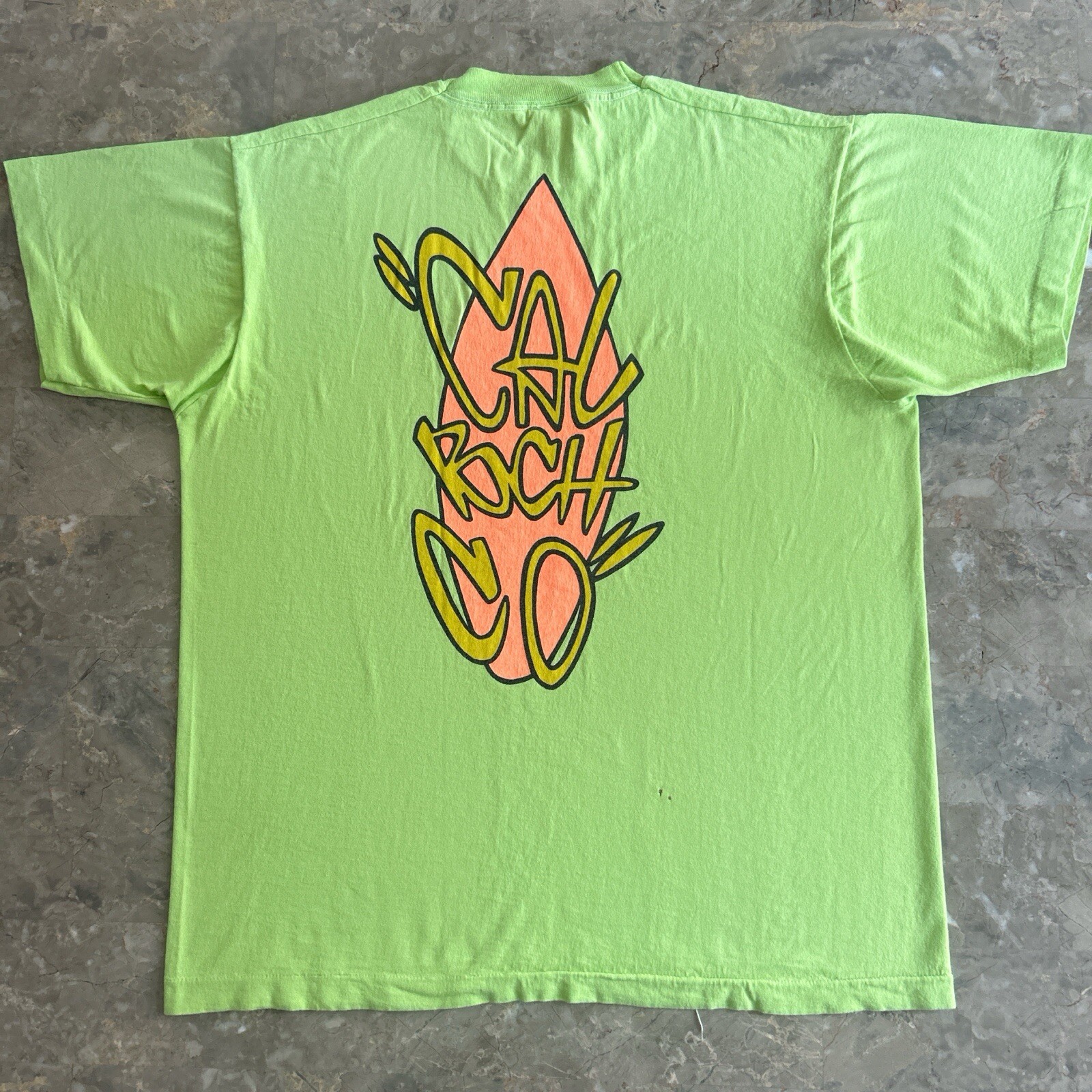 Vintage 1990s Calif Beach Co Neon Surf Tee L/XL USA Made 23×28