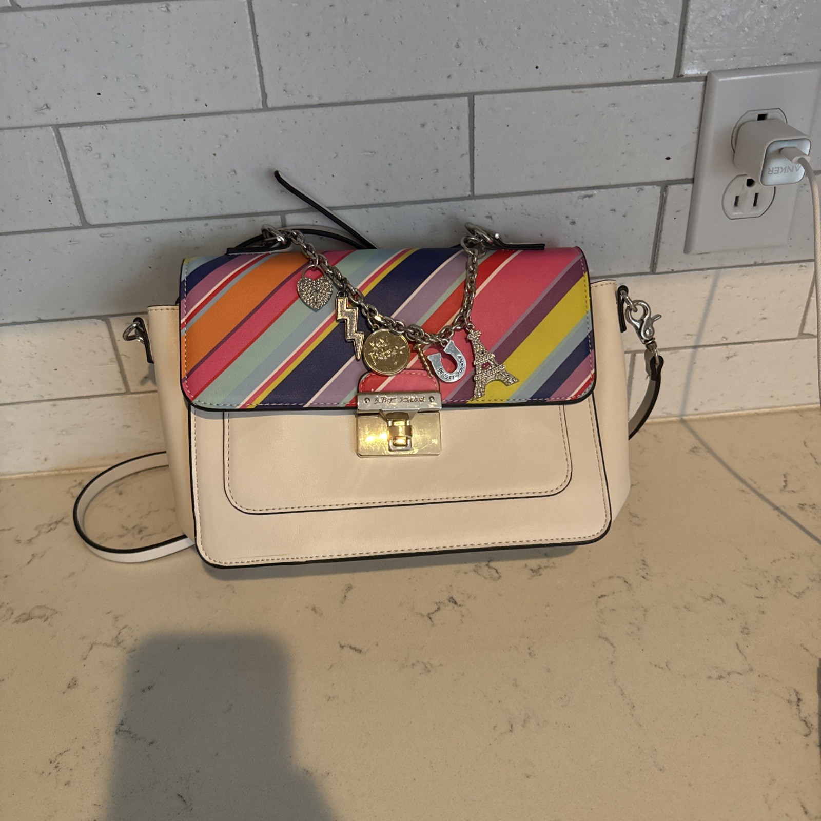 Betsey Johnson XO Jules Rainbow Stripe Top Handle Satchel Crossbody Bag Purse