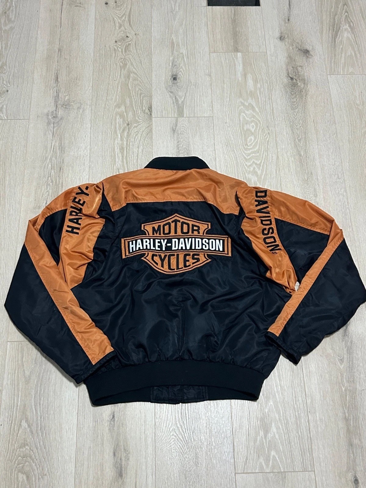 harley davidson jacket black orange bomber bar shield racing riding zip light