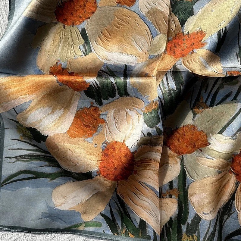 100% Pure Silk 21″ Square Scarf Women Blue Neckerchief Wrap Oil Painting Flowers
