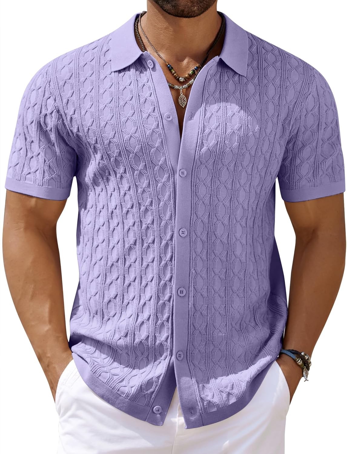 Men’s Knit Short Sleeve Shirts Button Down Vintage Knitted Polo Shirt