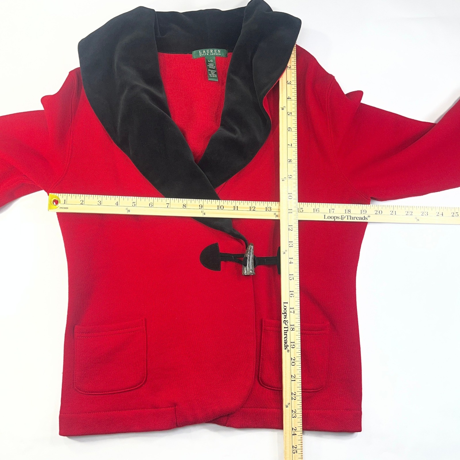 Lauren Ralph Lauren Jacket Womens L Red Knit Toggle Velvet Shawl Collar Academia