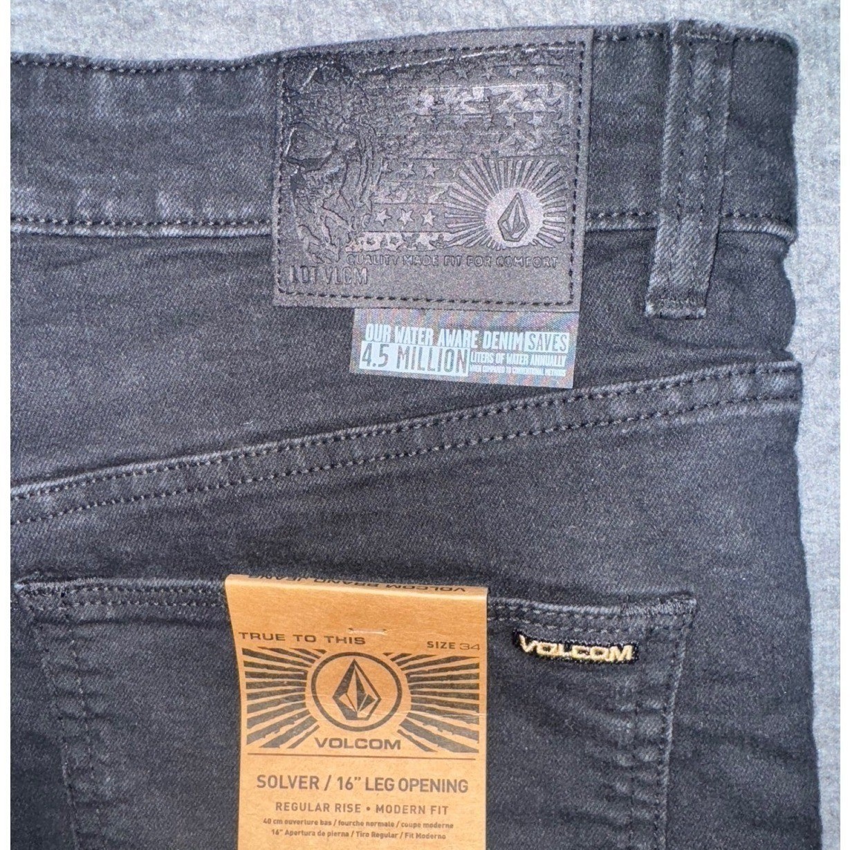 Volcom Mens Solver Modern Straight Stretch Denim Black Jeans Dark Wash 34×30 NEW