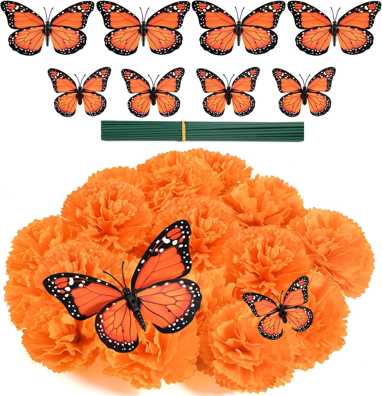 Artificial Marigold Flower Heads,Marigold Heads Bulk and 48 Monarch Butterfly fo
