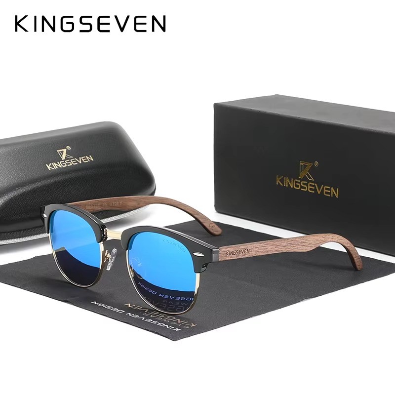 KINGSEVEN Polarized Walnut Wood Sunglasses UV400 Round Frame Men Women