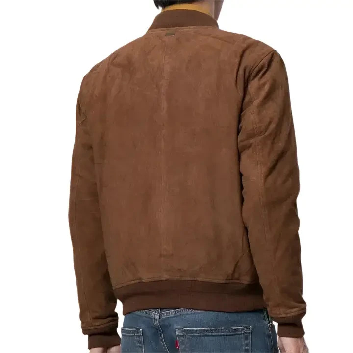 Men’s Brown Suede Leather Bomber Jacket – Premium Genuine Leather Classic Casual