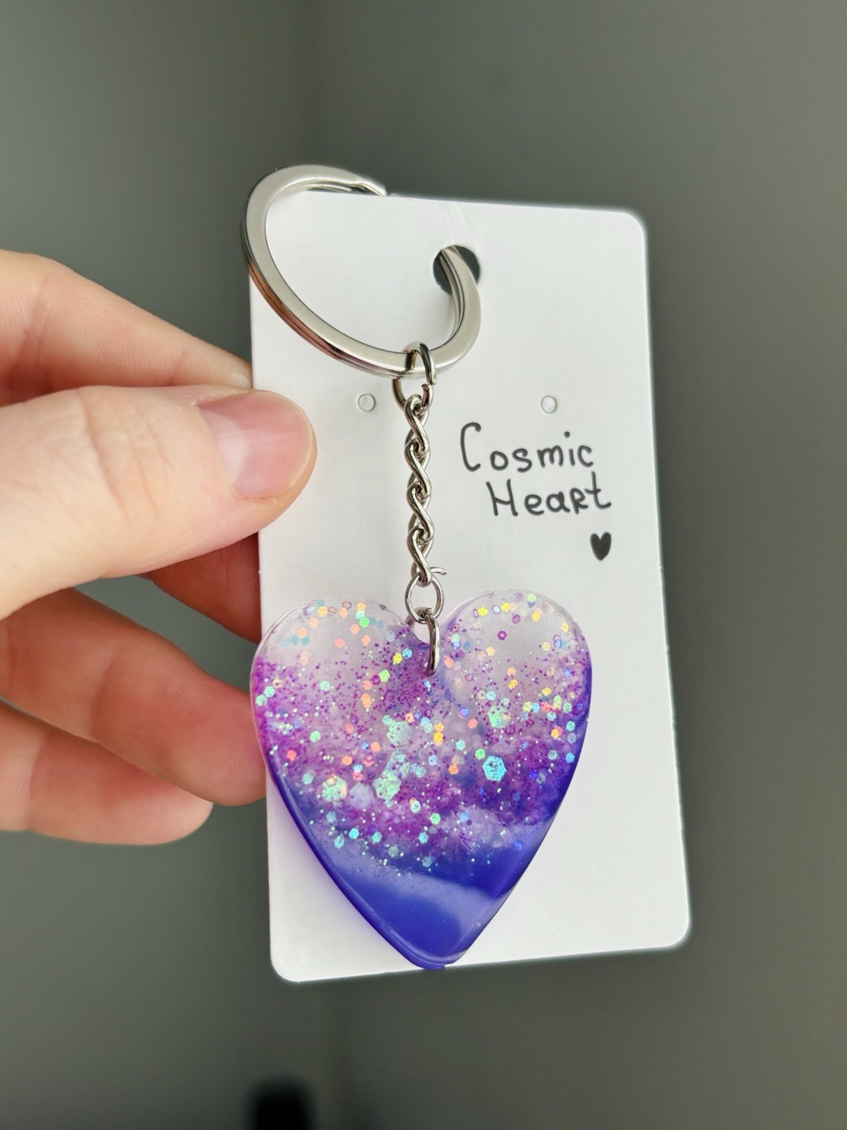 Cosmic Heart Resin Heart Keychain Handmade Purple Pink Glitter Galaxy Bag Charm