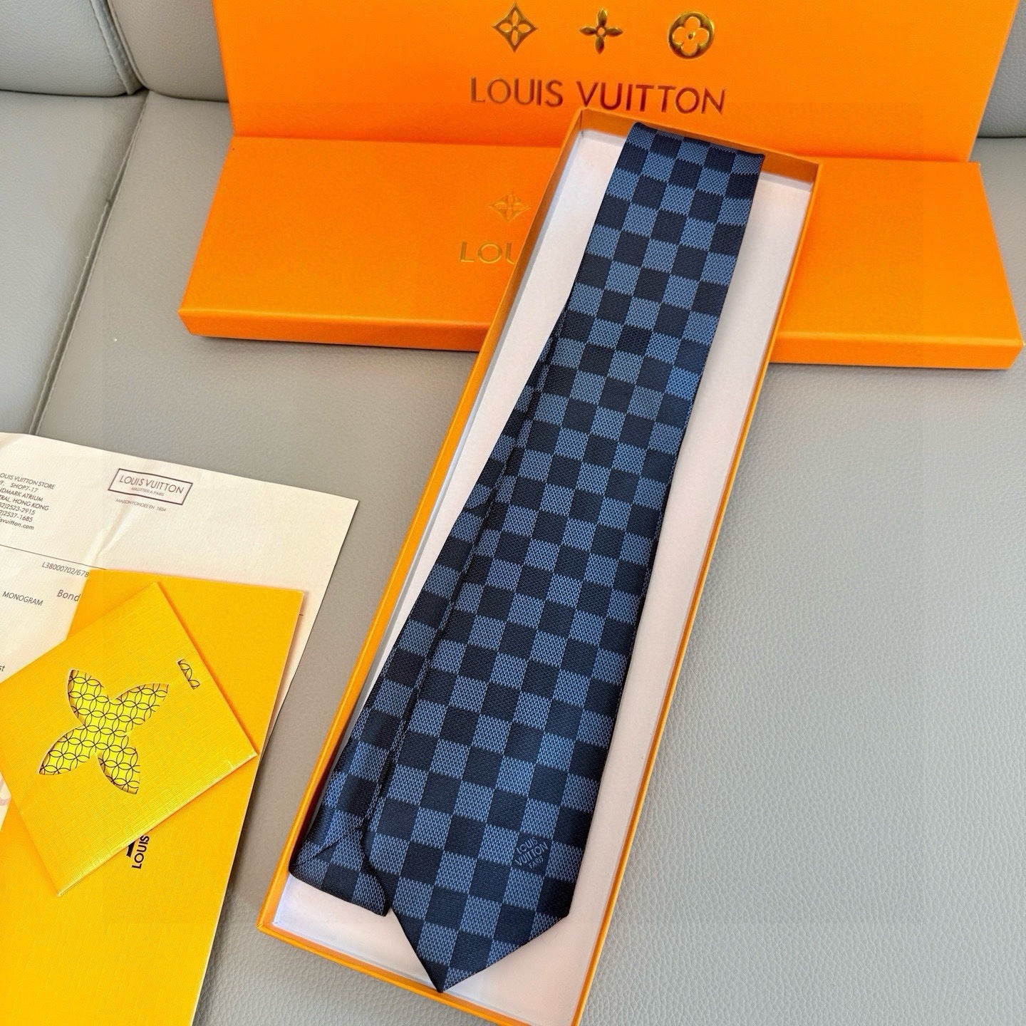 Louis Vuitton Men’s Blue/Navy Silk Tie Damier Plaids & Checks Logo Accent