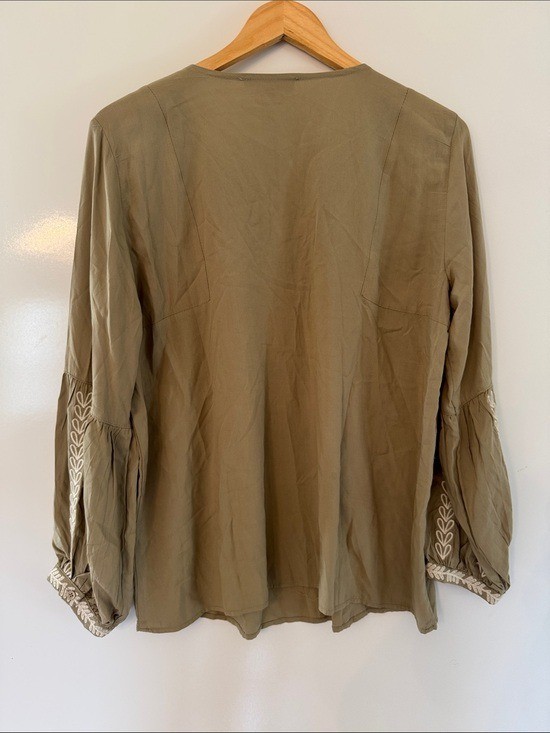 Solitaire Embroidered Peasant Blouse Womens Large Bubble Sleeve Tan