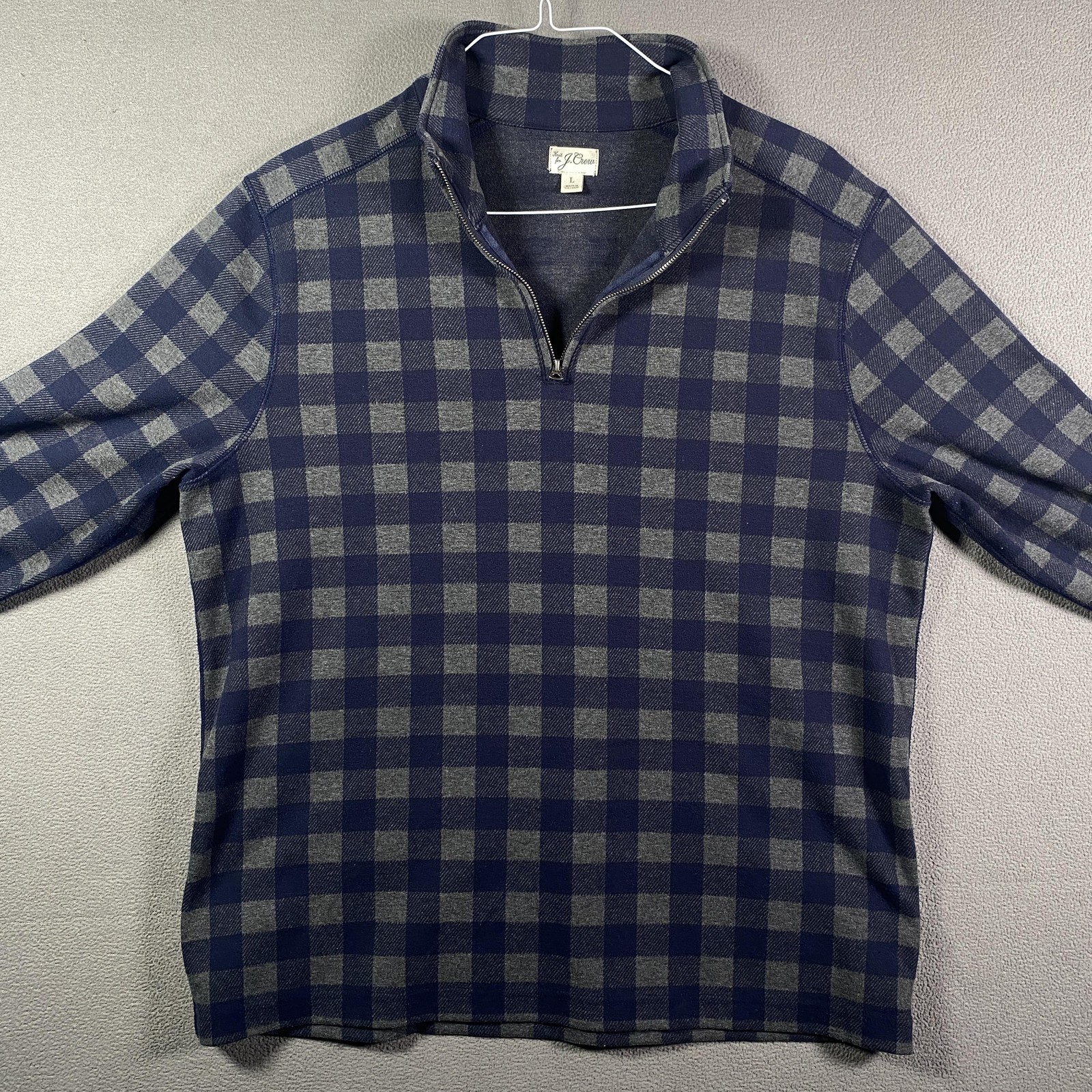 J Crew Sweater Mens Large Blue Gray Plaid 1/4 Zip Mock Neck Knit Pullover