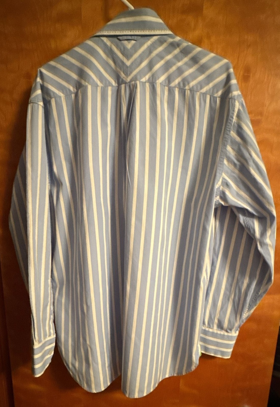 Vintage Tommy Hilfiger Men’s Long Button Down Shirt Blue and White Striped