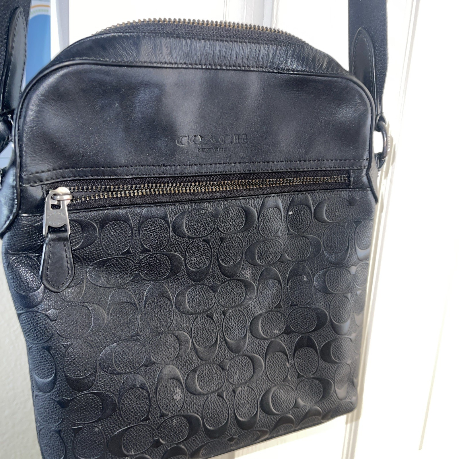🌺Coach 4009 Men’s Houston Flight Bag Signature Embossed Black Leather Crossbody