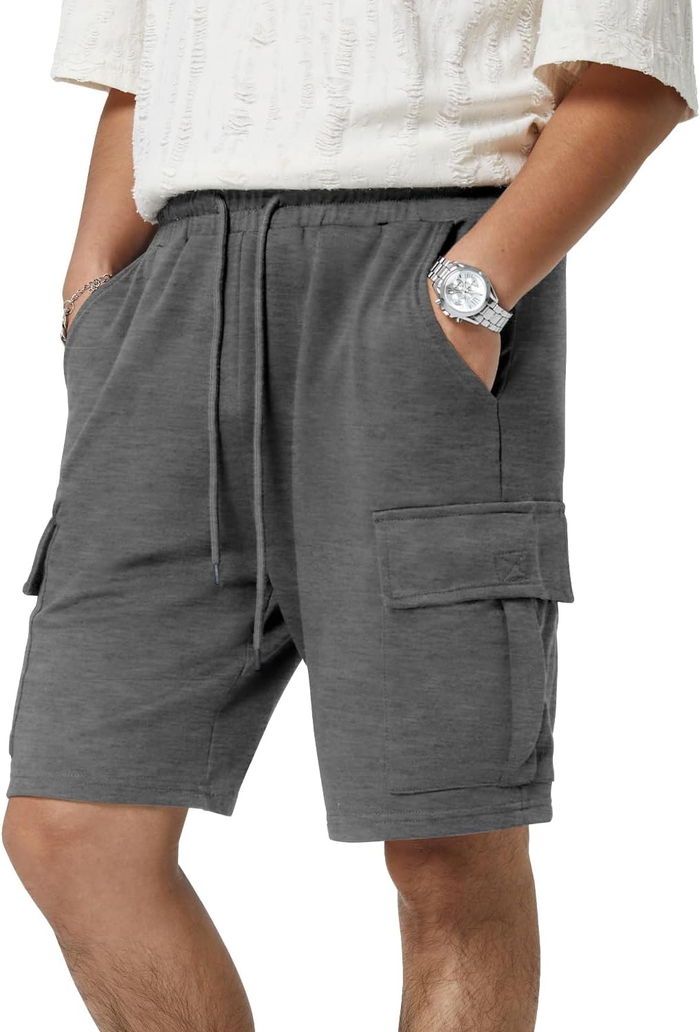 Mens 5 Pocket Athletic Cotton Shorts Drawstring Elastic Waist Workout Gym Cargo