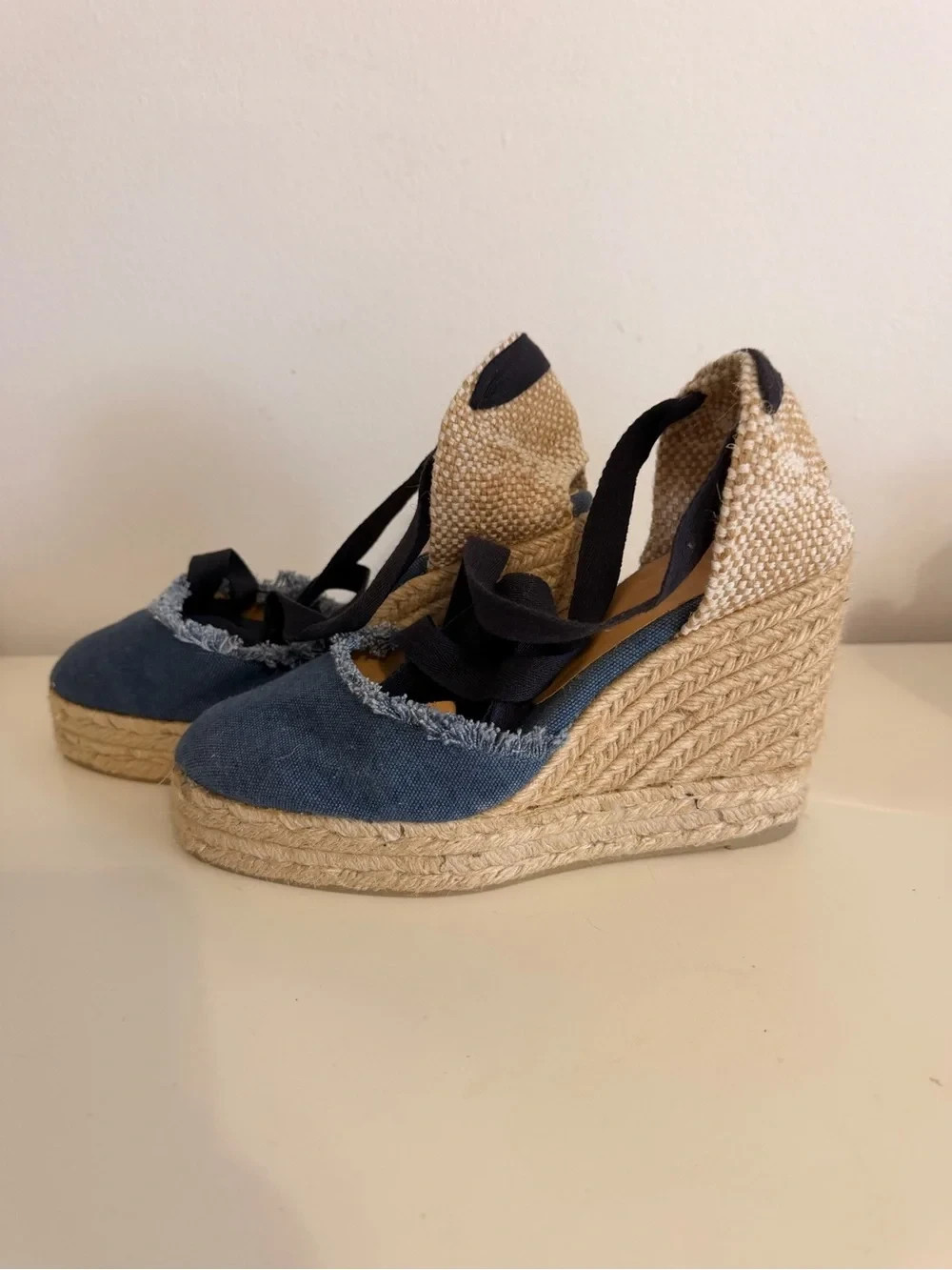 Castaner Navy Canvas Espadrille Wedge Sandals with Ankle Wrap Size 37 (7 US)