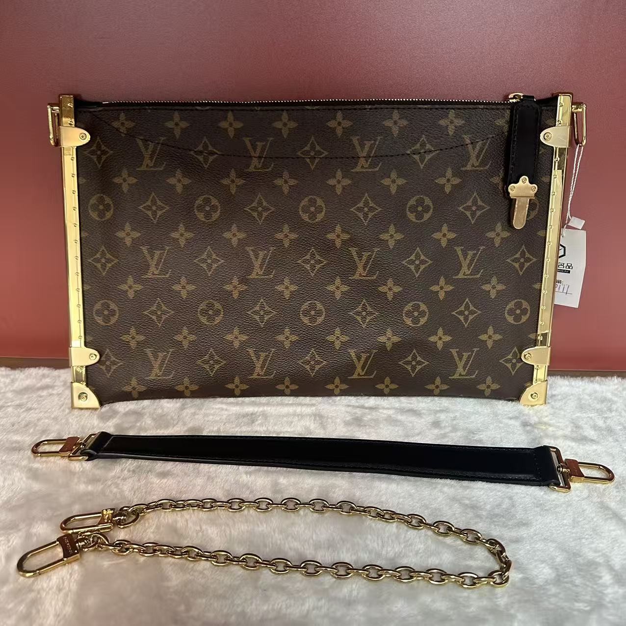 Auth Louis Vuitton Trunk Clutch Monogram Canvas Gold Hardware Crossbody Bag