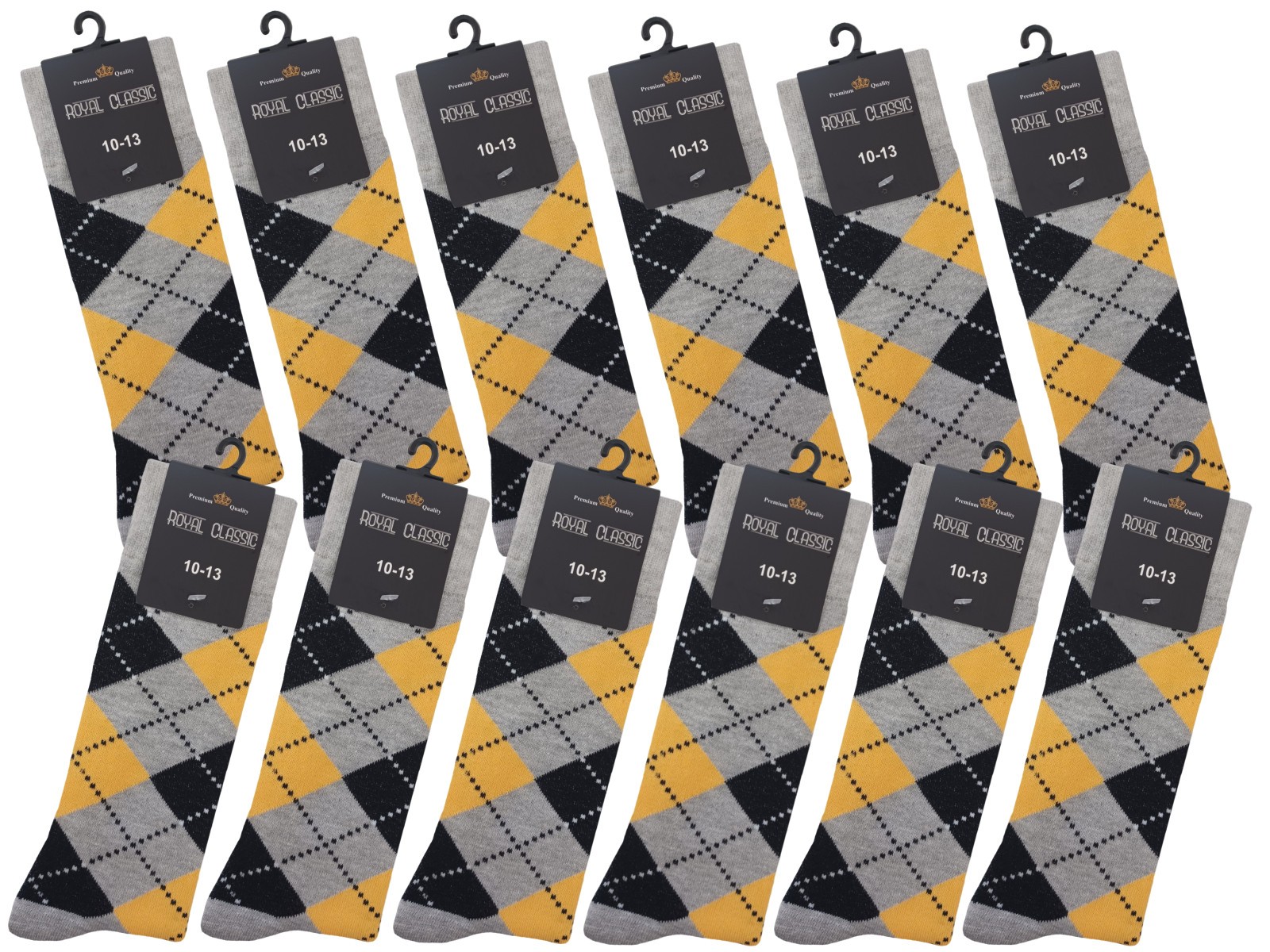 1-63-6-12 Dress Socks Argyle Diamond YELLOW Black Gray COTTON Socks TRUE TO SIZE