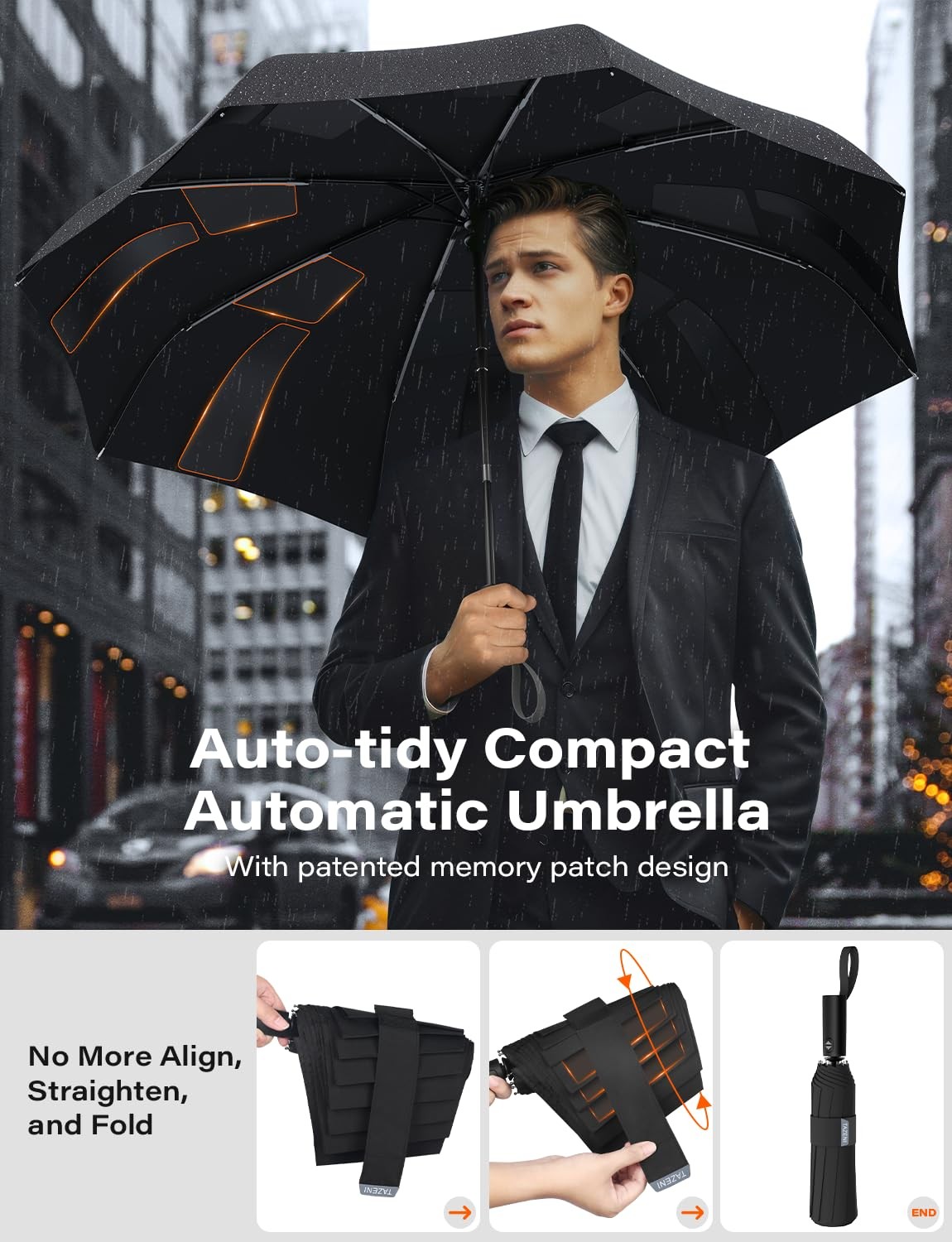 Auto-Tidy Travel Umbrella, Auto Open Close Compact Umbrella for Rain, BIACK