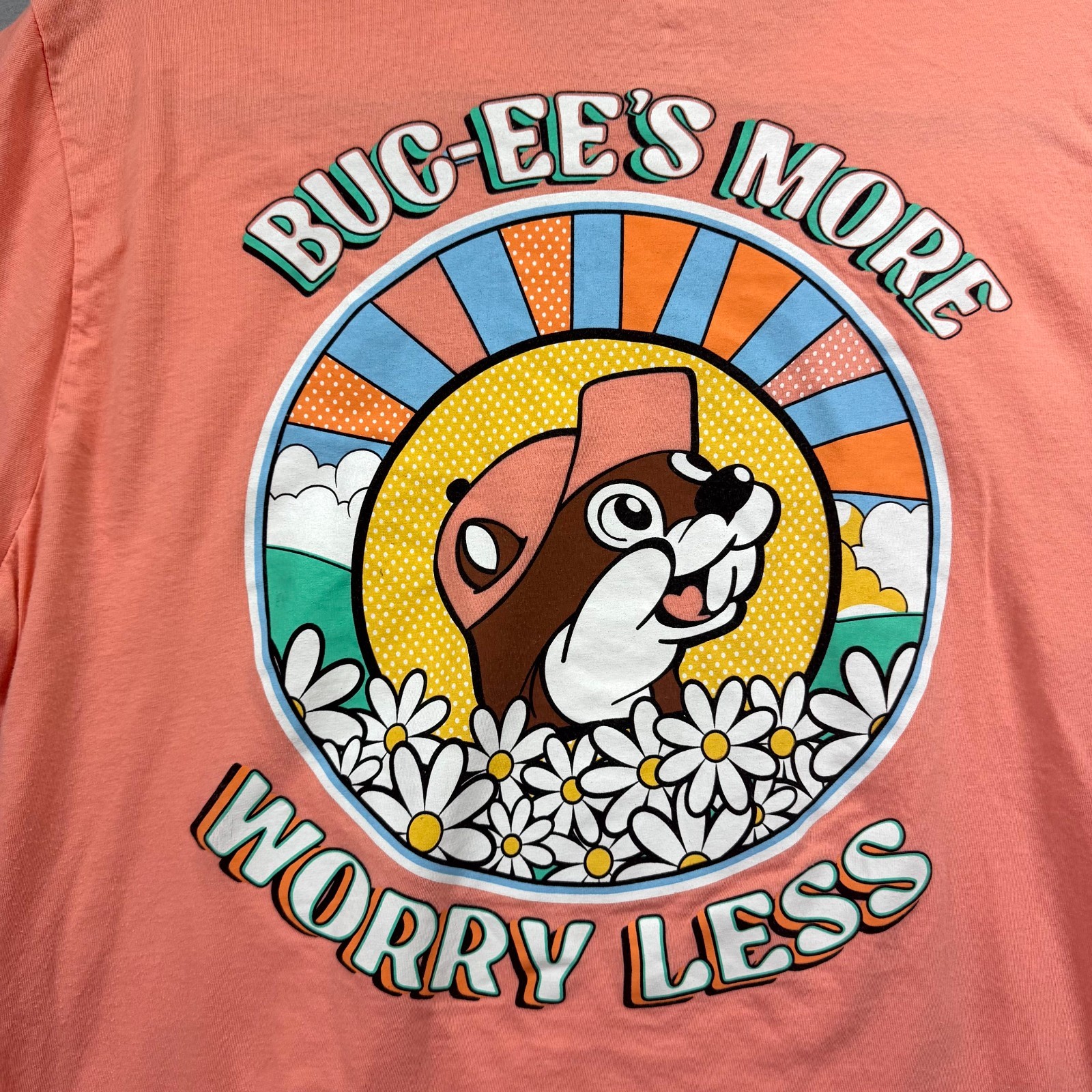 Buc-ee’s More Worry Less Floral T Shirt Men Large Orange Floral Short Sleeve Tee
