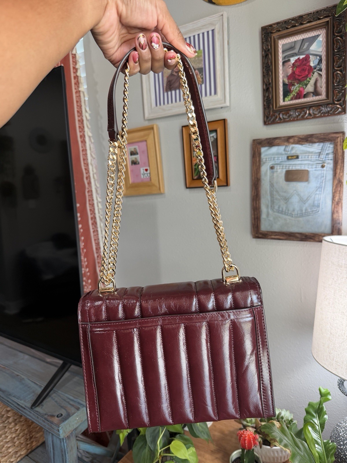 MICHAEL KORS WHITNEY MEDIUM CHAIN SHOULDER TOTE BAG QUILTED STRIPE OXBLOOD