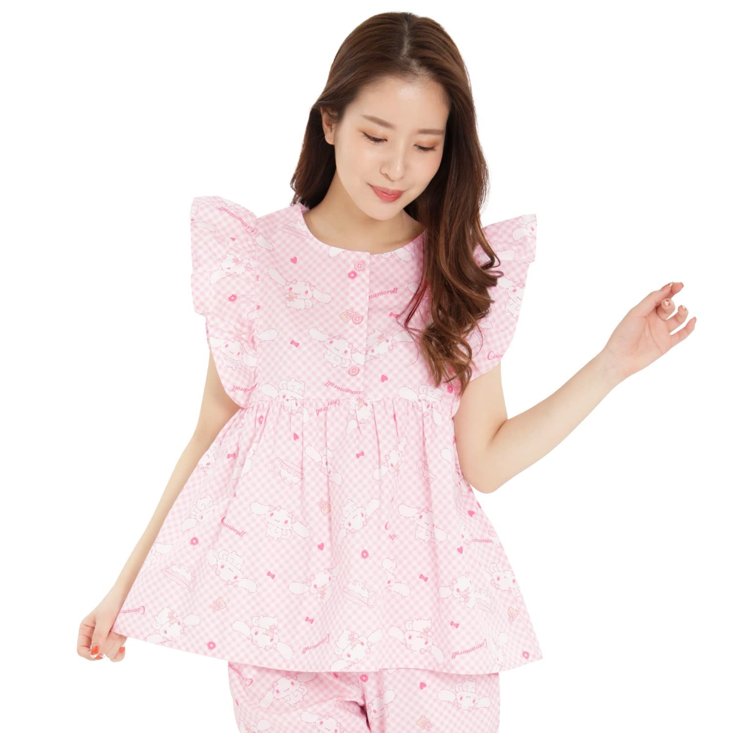 SAZAC SAN1479 Gingham Check Cinnamon Frill Pajamas, Short Sleeve