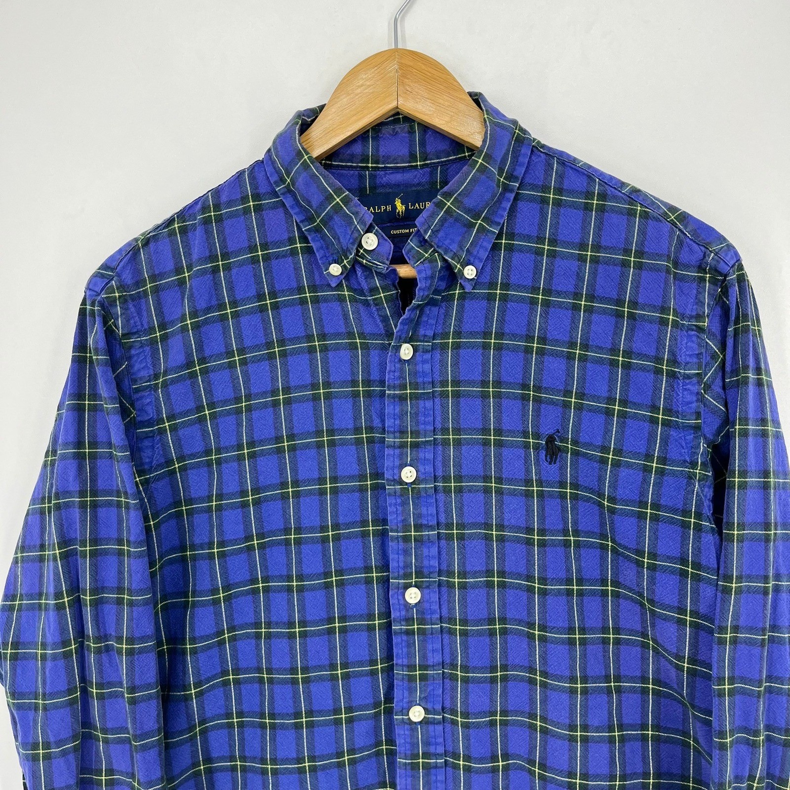 Ralph Lauren Mens Custom Fit Plaid Button Down Shirt Blue Green Yellow Size M