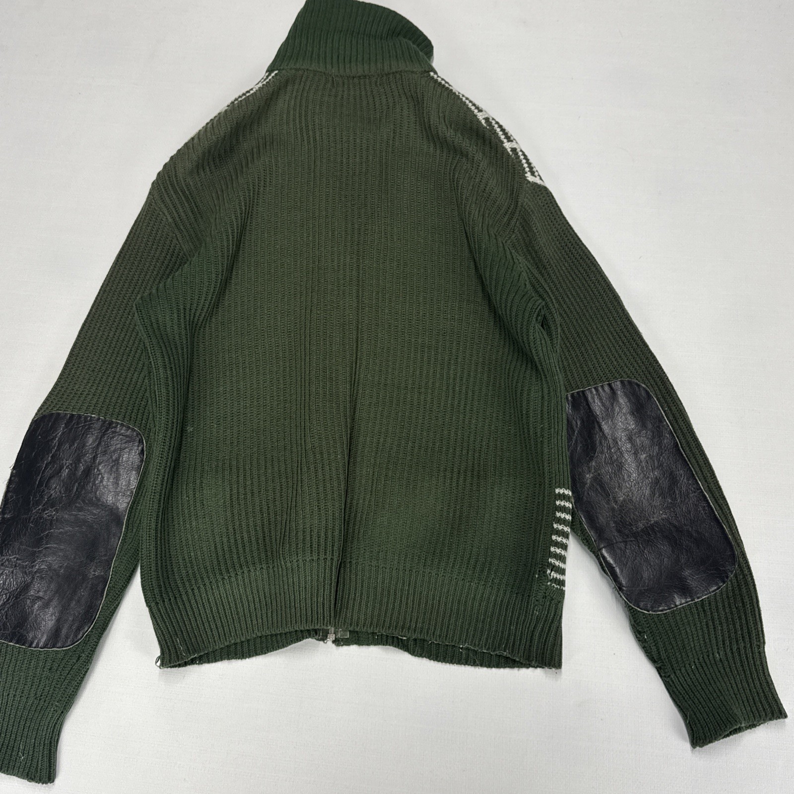 Vintage ZIP CARDIGAN Mens L Green Ribbed Knit Mock Neck Elbow Pads Classic