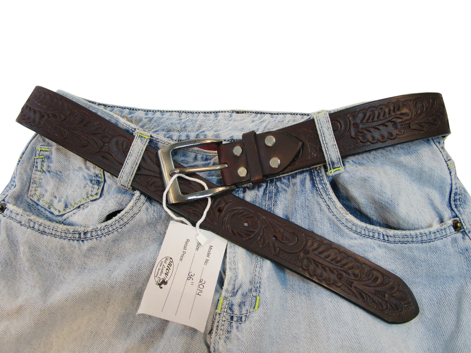 WESTERN COWBOY MENS BELT FLORAL TOOLED BROWN LEATHER JEANS PANTS 32 34 36 38 40