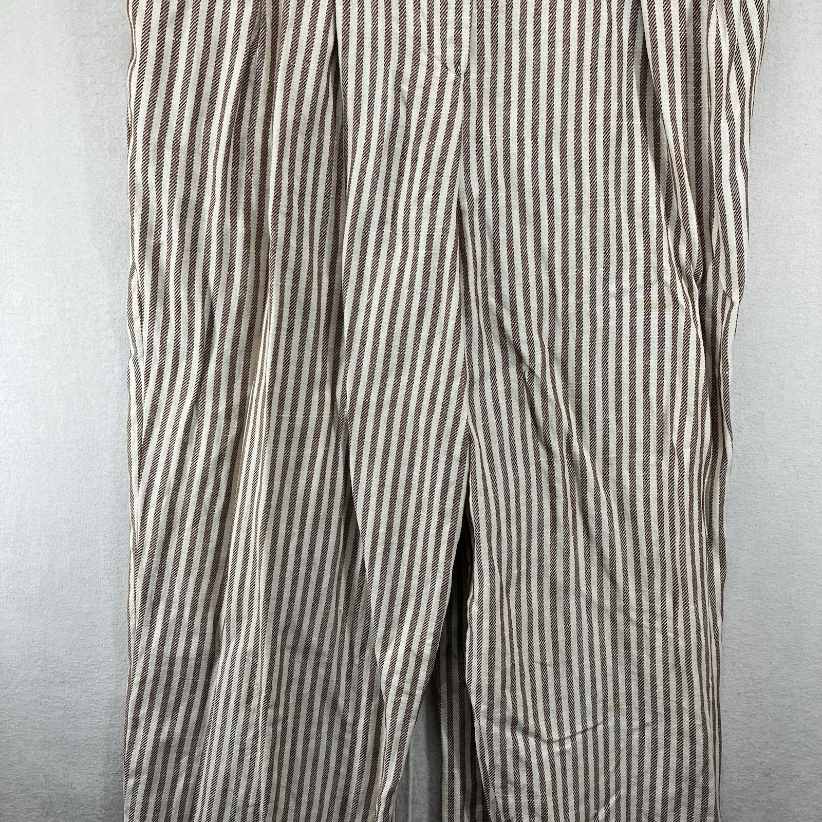 Vintage Women’s Linen Blend Paper Bag Waist Pleated Pants Beige Brown Striped 12