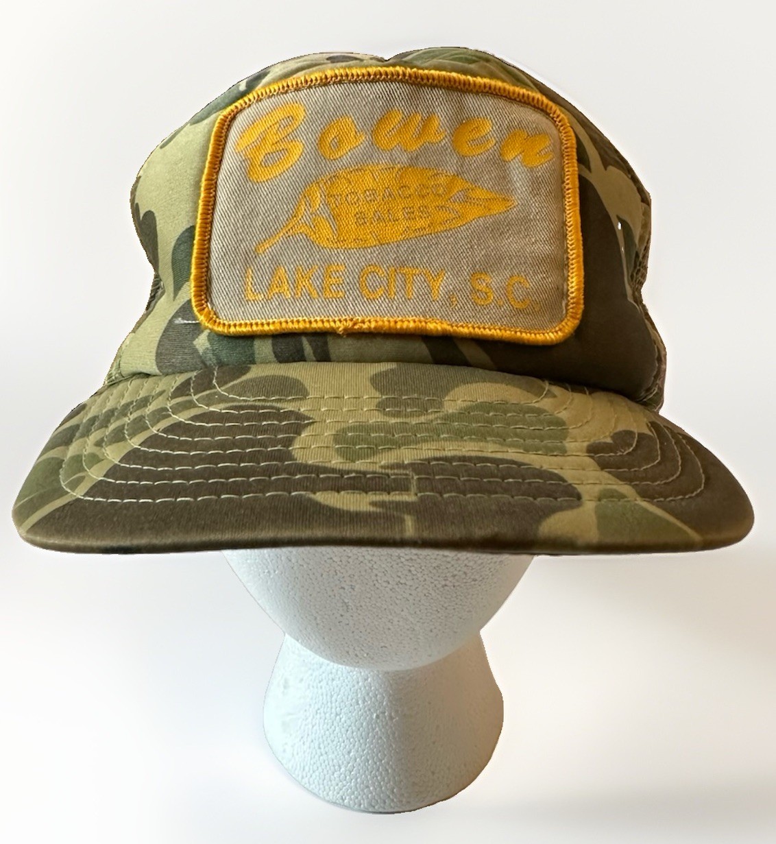 Vintage 70s 80s Duck Camo Trucker Hat Bowen Tobacco Sales Lake City SC Mesh Cap⁠