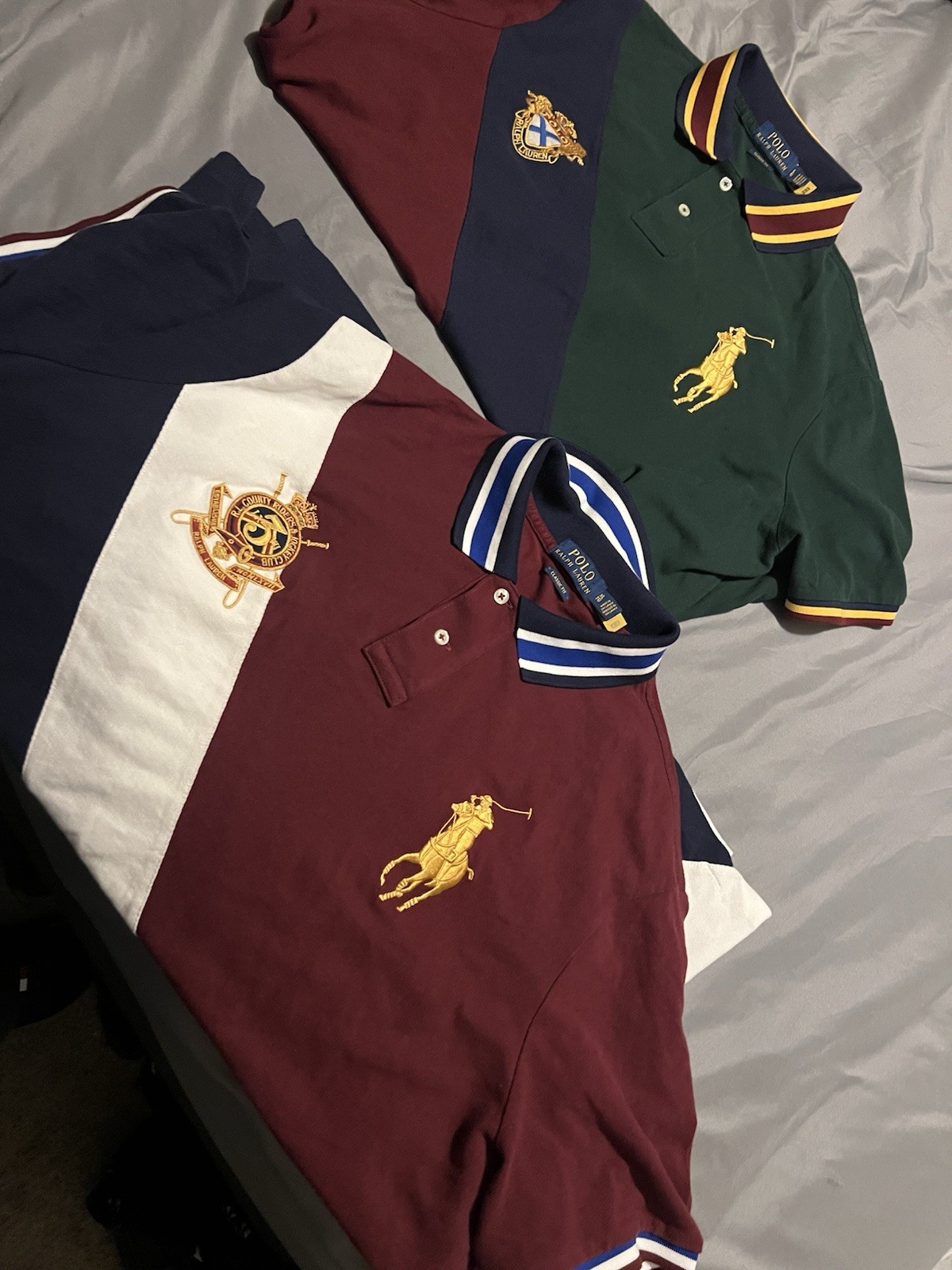 2 Polo Ralph Lauren Rugby Shirt White And Burgundy & Green,navy Blue $180 Value