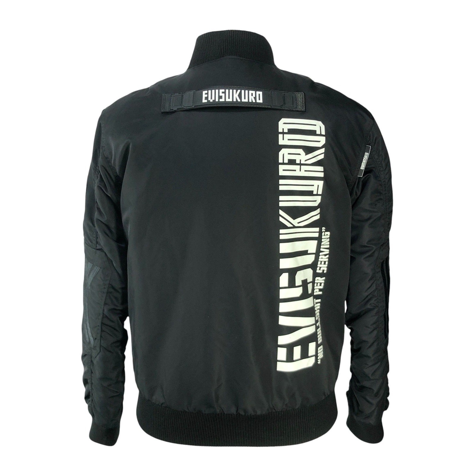 EVISUKURO Flight Jacket Mens M Black Graphic Zip Quilted Liner Streetwear Patch