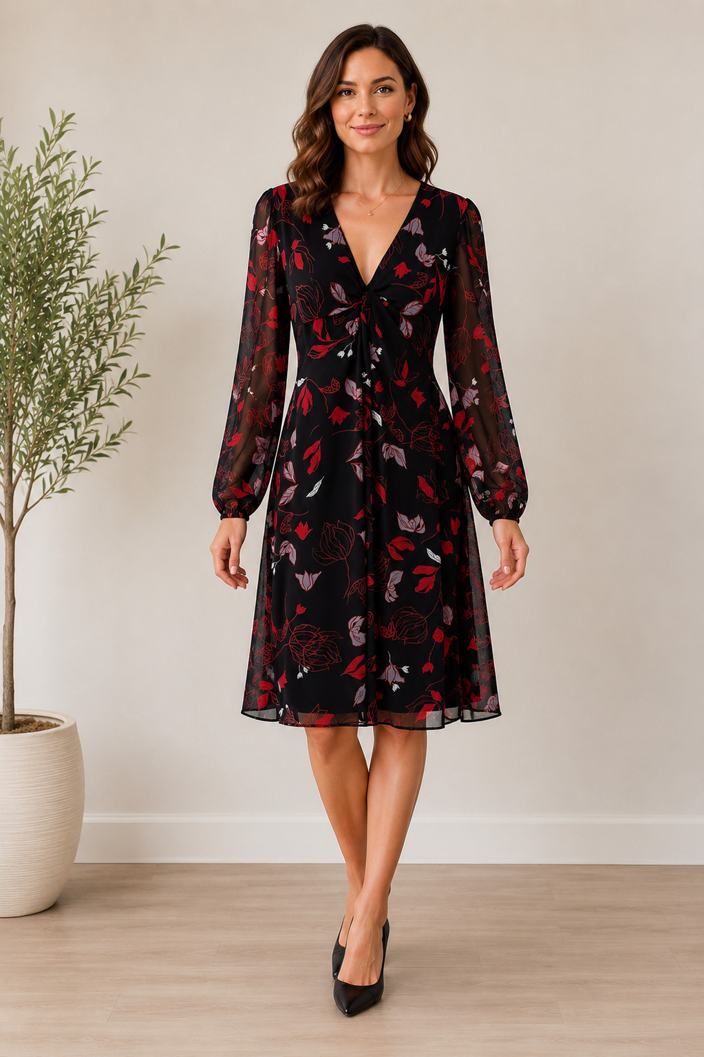 Diane von Furstenberg DVF Size 14 Black Floral Twist Front Cocktail Dress, EUC