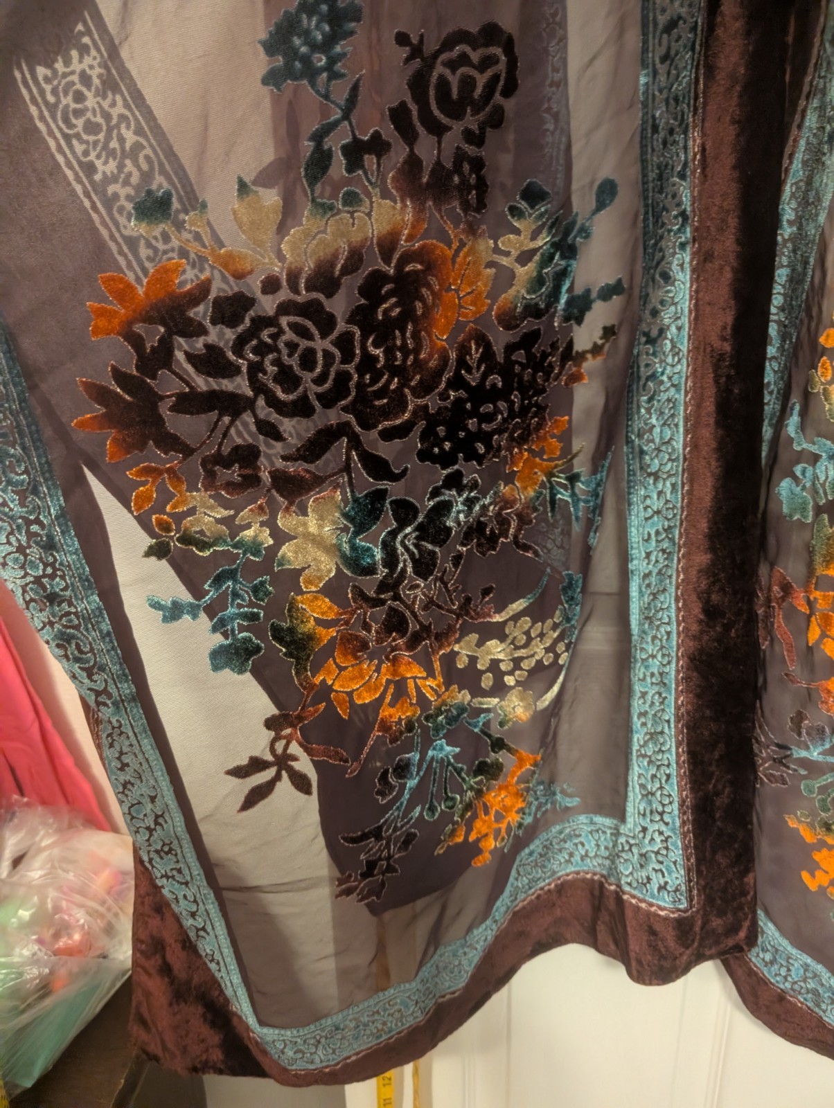 Nils Women’s Velvet Floral Kimono Teal Border,Black/Gray/Orange Johnny Was Style
