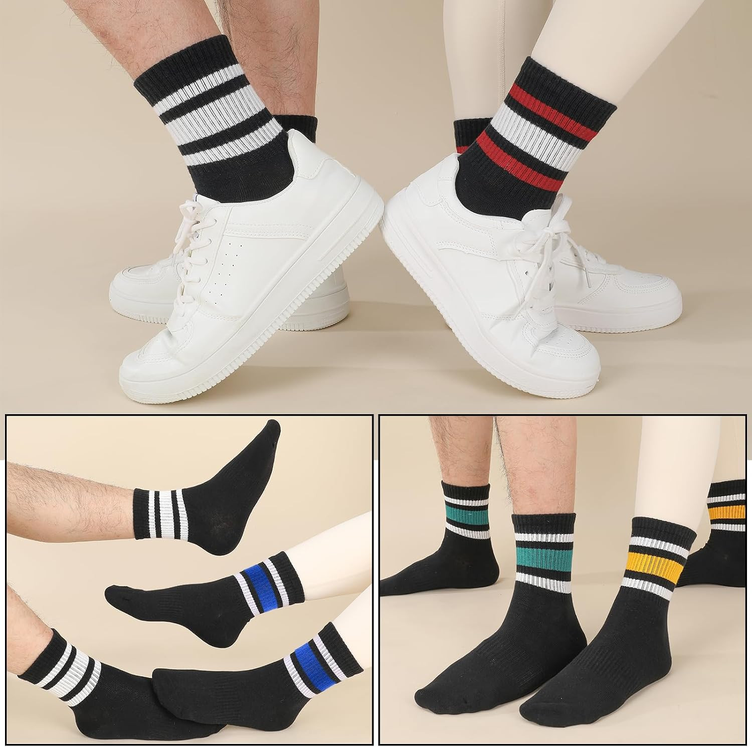 6 Pairs Retro Stripe Tube Socks | Classic Athletic Sport Running Crew Socks Casu
