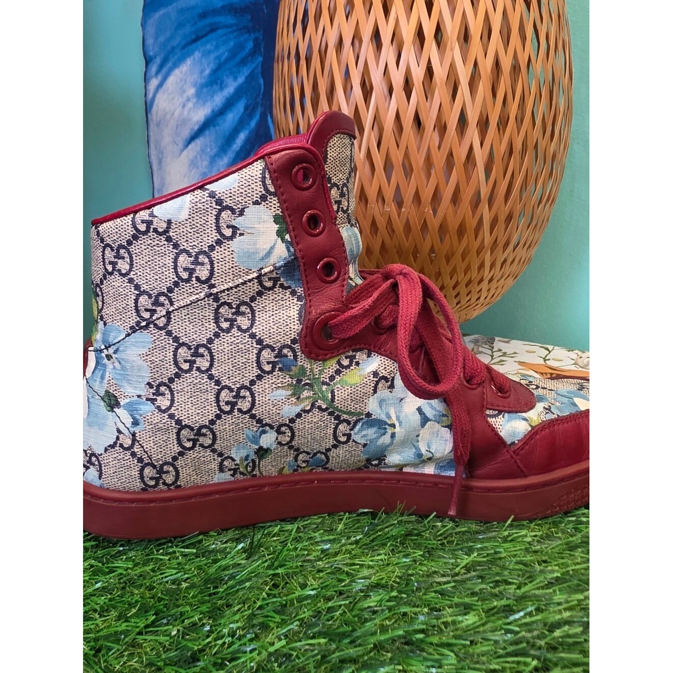 Gucci GG Blooms Floral High Top Sneakers Red Leather Canvas Shoes Size 37