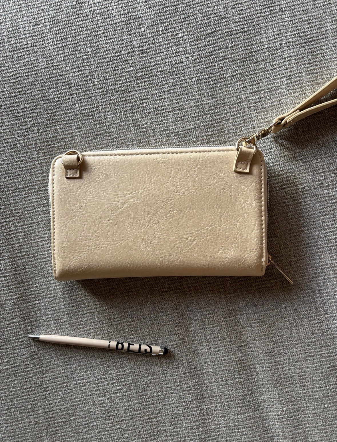 BÉIS Beige Zip Wristlet Wallet w/ Wrist Strap, Logo & Credit Card Slots