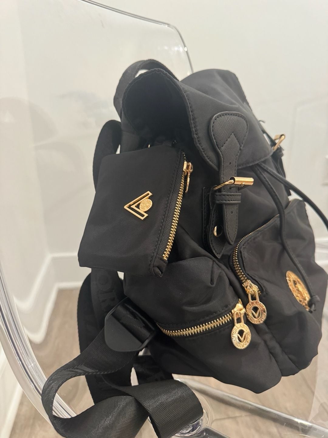 Valentino Orlandi Black Nylon Backpack Gold Hardware Drawstring Bag