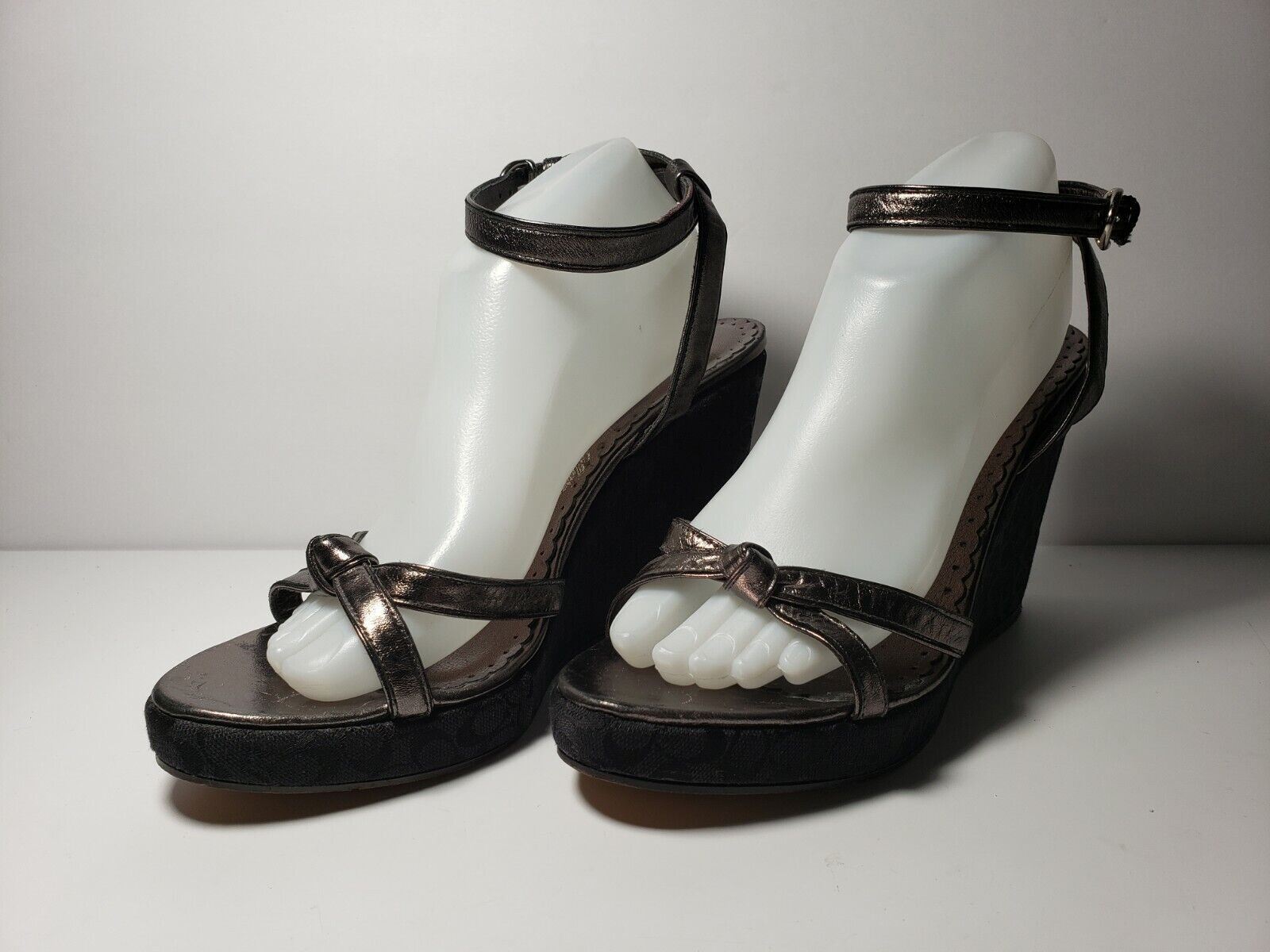 Coach Women’s Pewter/Black CC Monogram Ankle Strap Platform Wedge – Size 10B