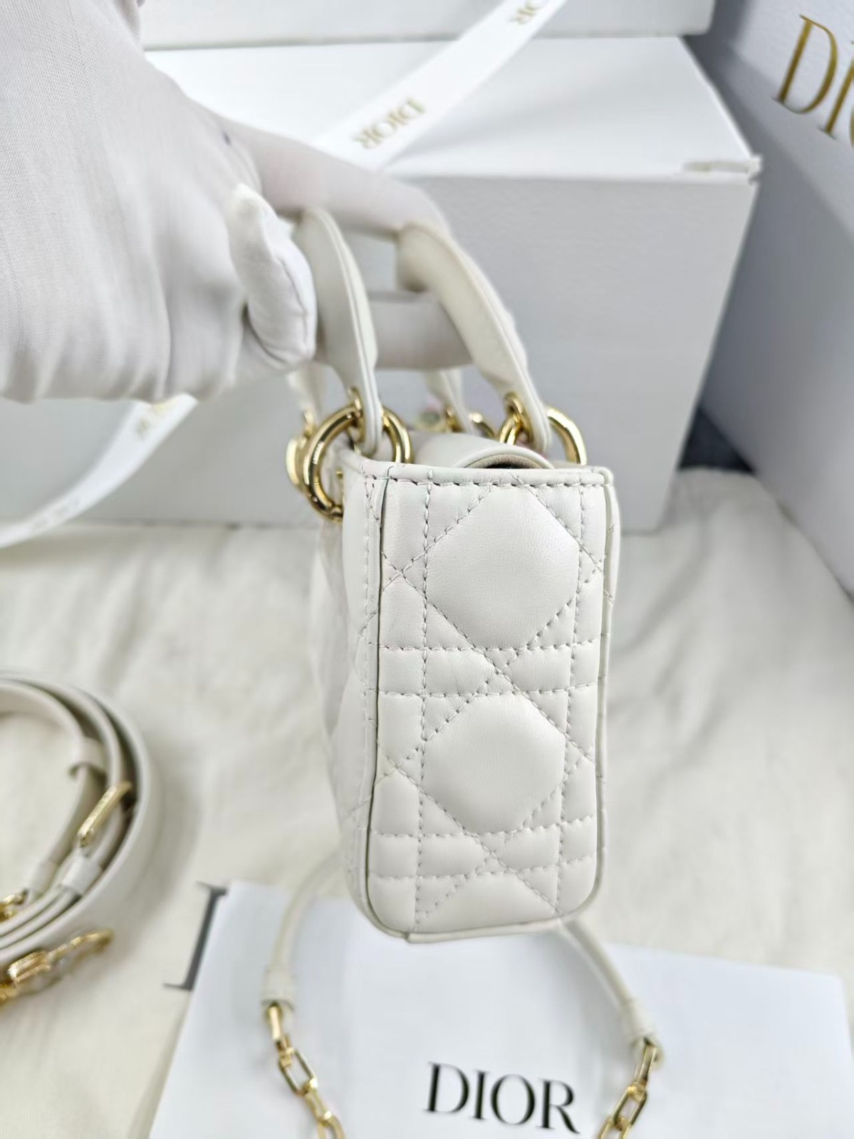 Dior D‑Joy Mini White Gold‑Tone Hardware Shoulder Handbag