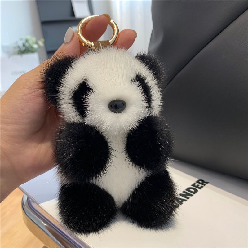 Adorable Panda Keychain 13cm Plush Faux Mink Fur Car Keys Cute Bag Charm Gift