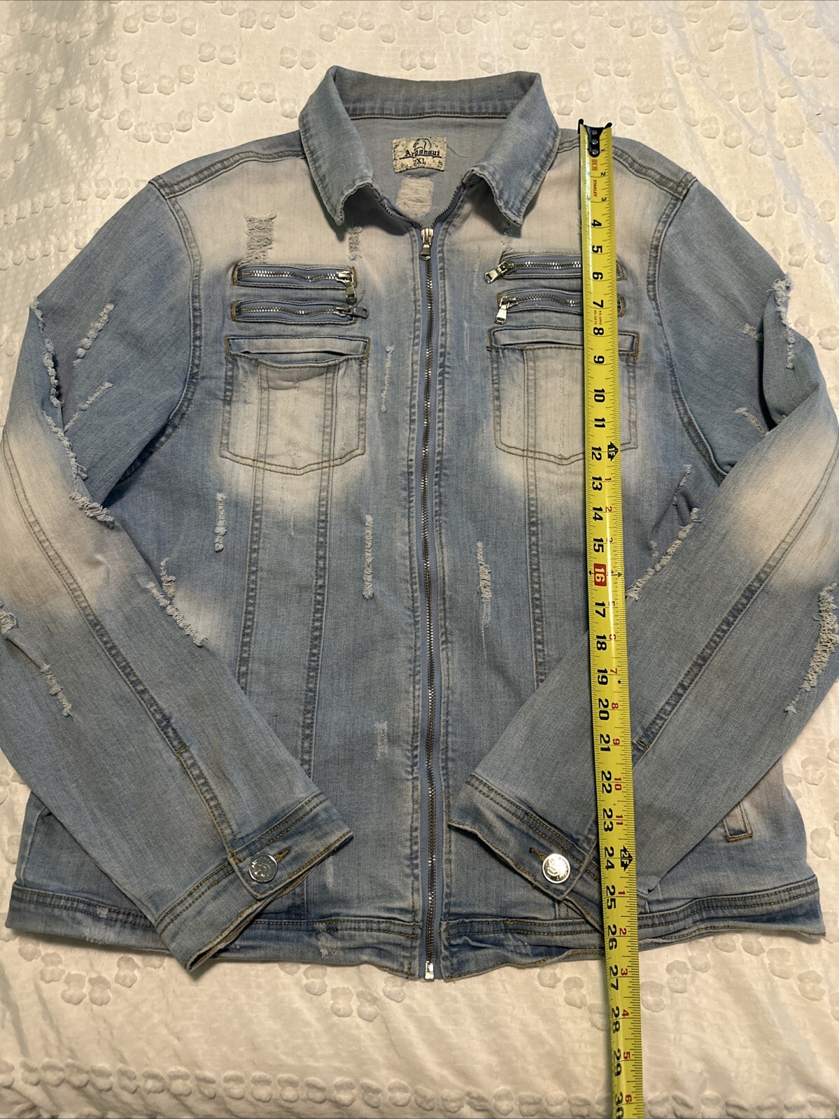 argonauts nation 2XL lightweight blue distressed zippers jean jacket