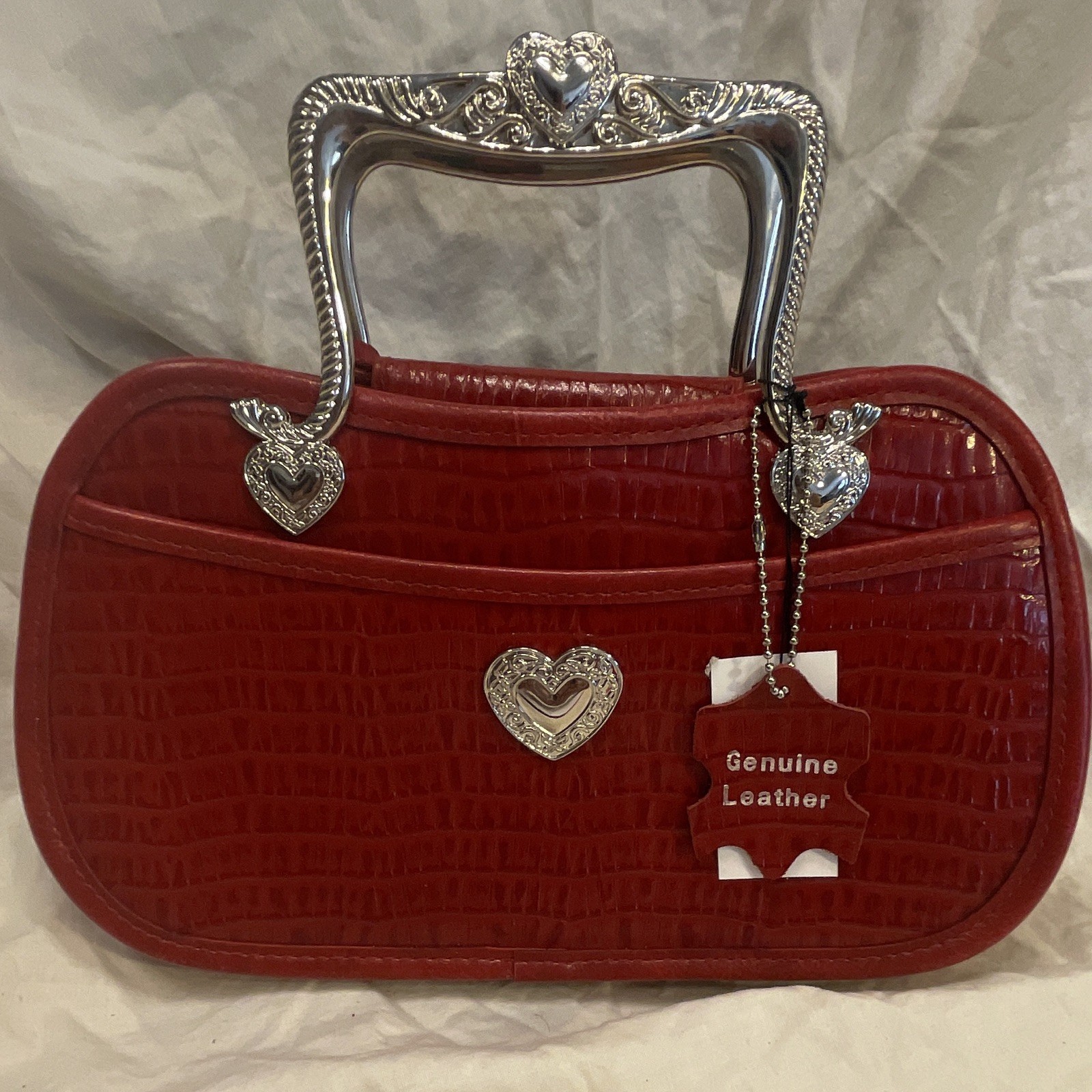 Red Crocodile Embossed Top Handle Bag Silver Heart Frame Clasp & Heart Charm