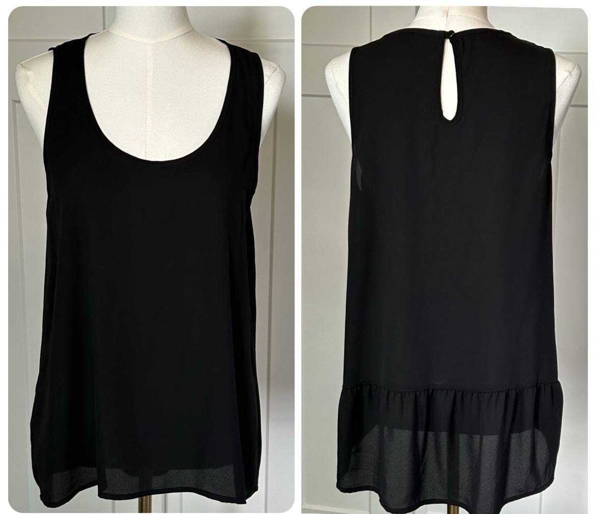 Pleione Black Dressy Tank Top – Women’s SMALL Scoop Neck High-Low Back Ruffle
