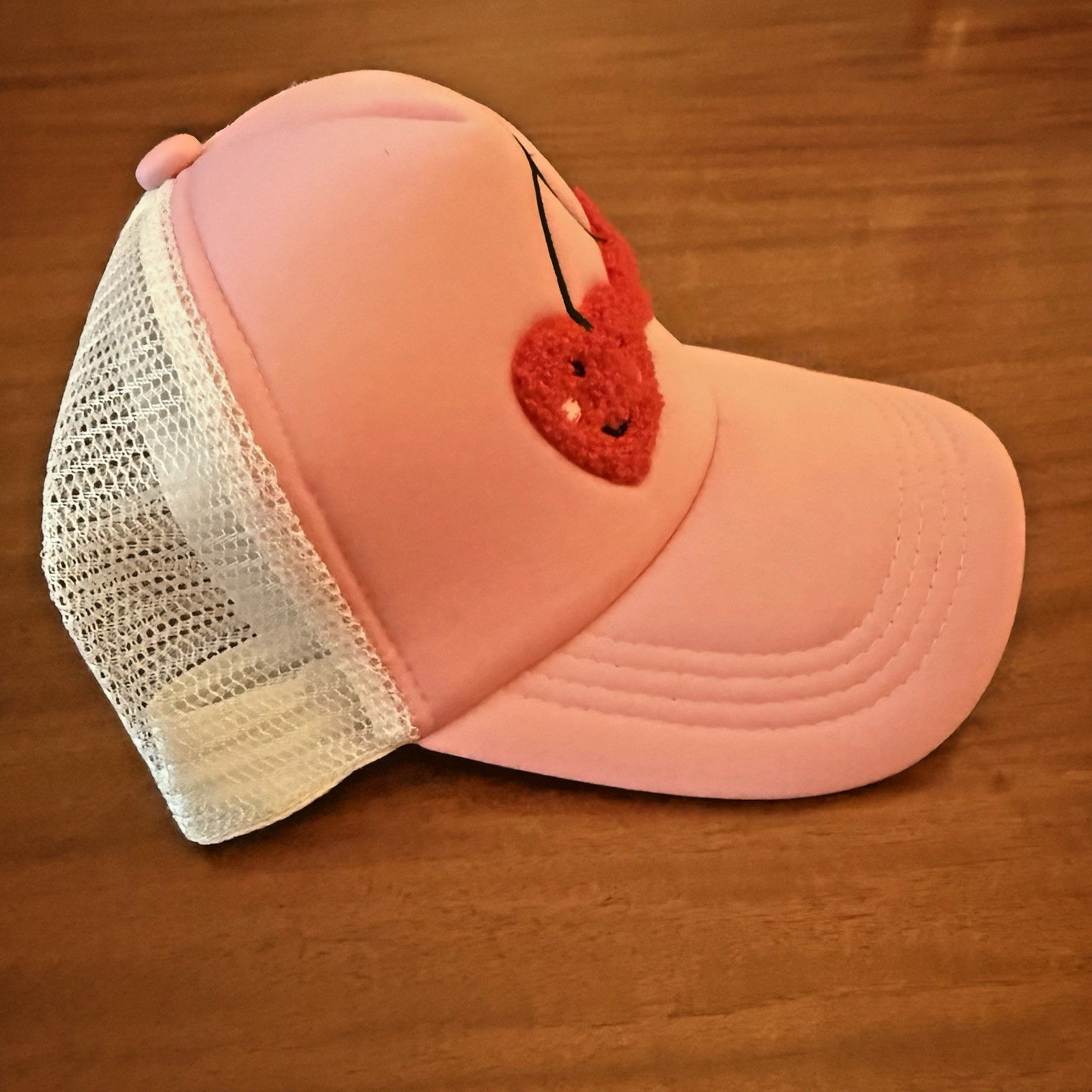 Cherry Heart Snapback Trucker Hat Pink One Size Adjustable Embroidered Mesh Back