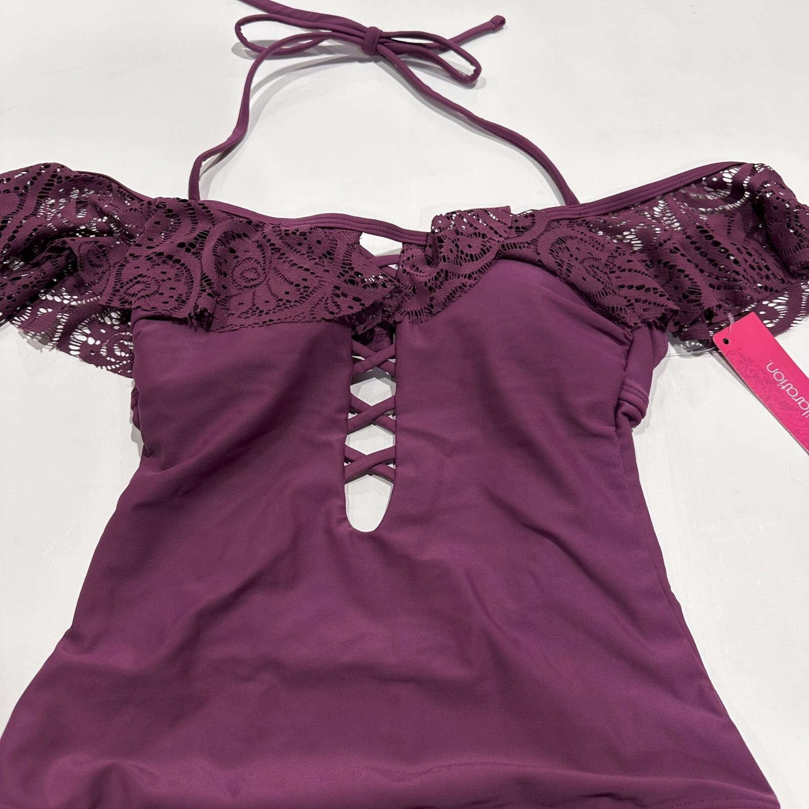 Xhilaration Juniors’ Lace Off The Shoulder Halter One Piece Swim Suit – Berry XL