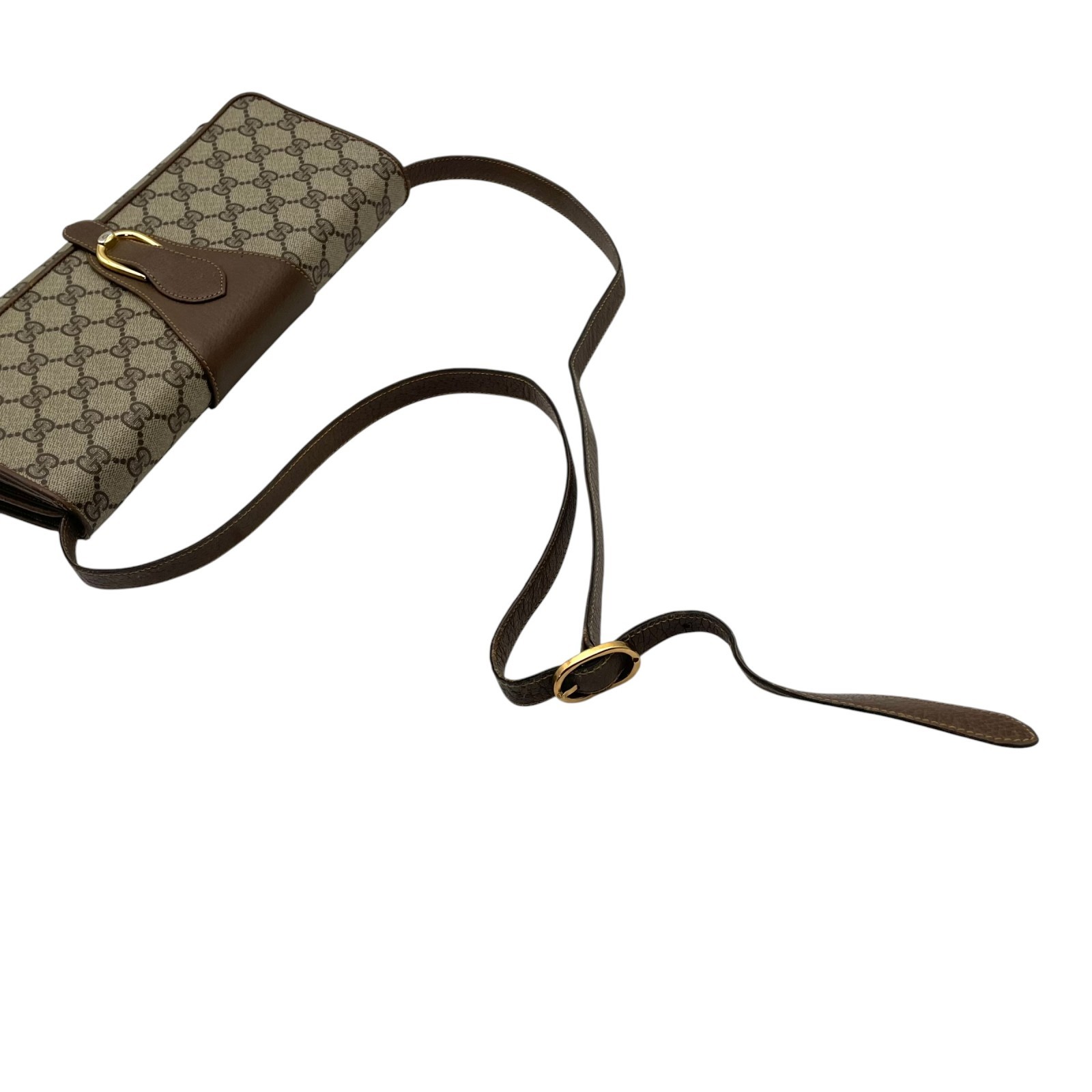 Authentic GUCCI GG Plus PVC Leather Shoulder Bag Messenger Grey Brown Gold