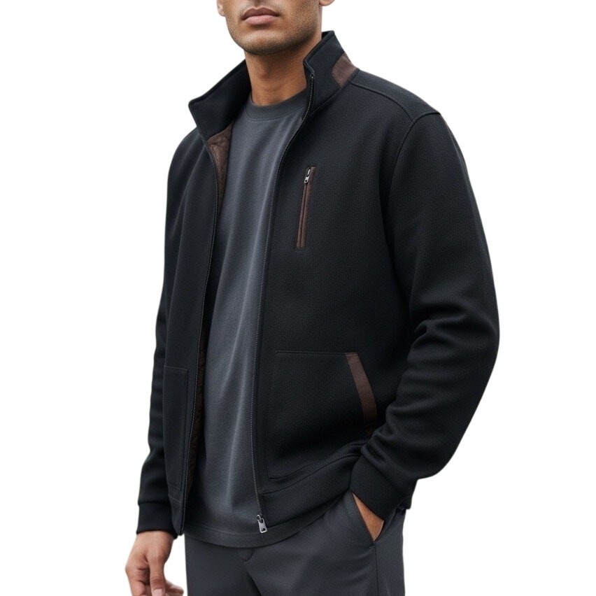 Tasso Elba Men’s Knit Zip Jacket Medium Black Brown Faux Suede Trim Sweater