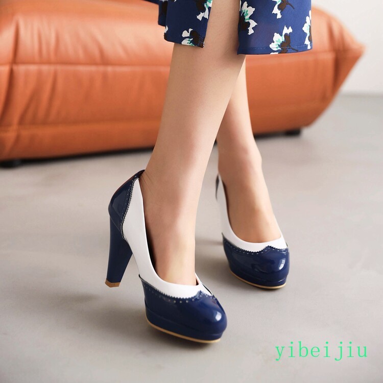 Women’s Fashion High Heel Dress Pumps Two Tone Colorblock Leather Shoes Wing Tip